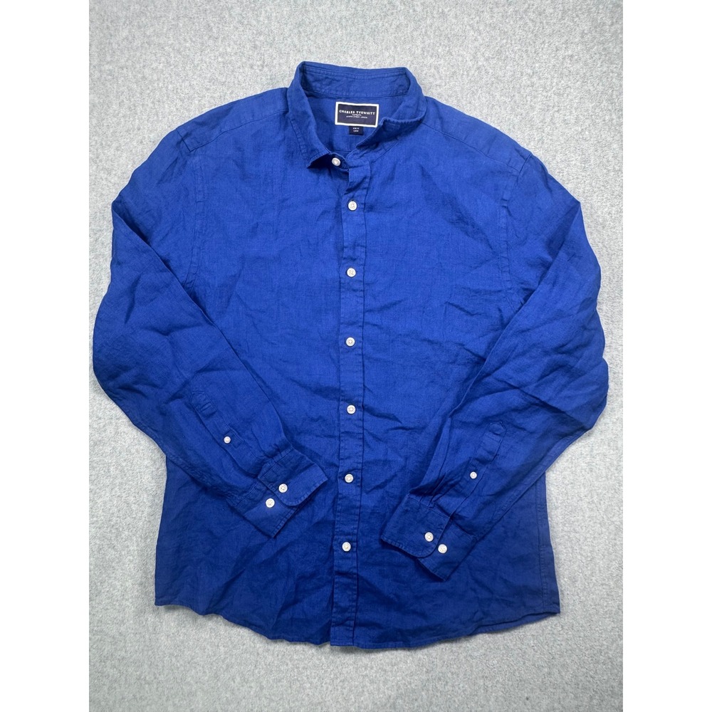 Charles Tyrwhitt Mens Slim Fit 100% Linen Button Down Shirt Blue Large